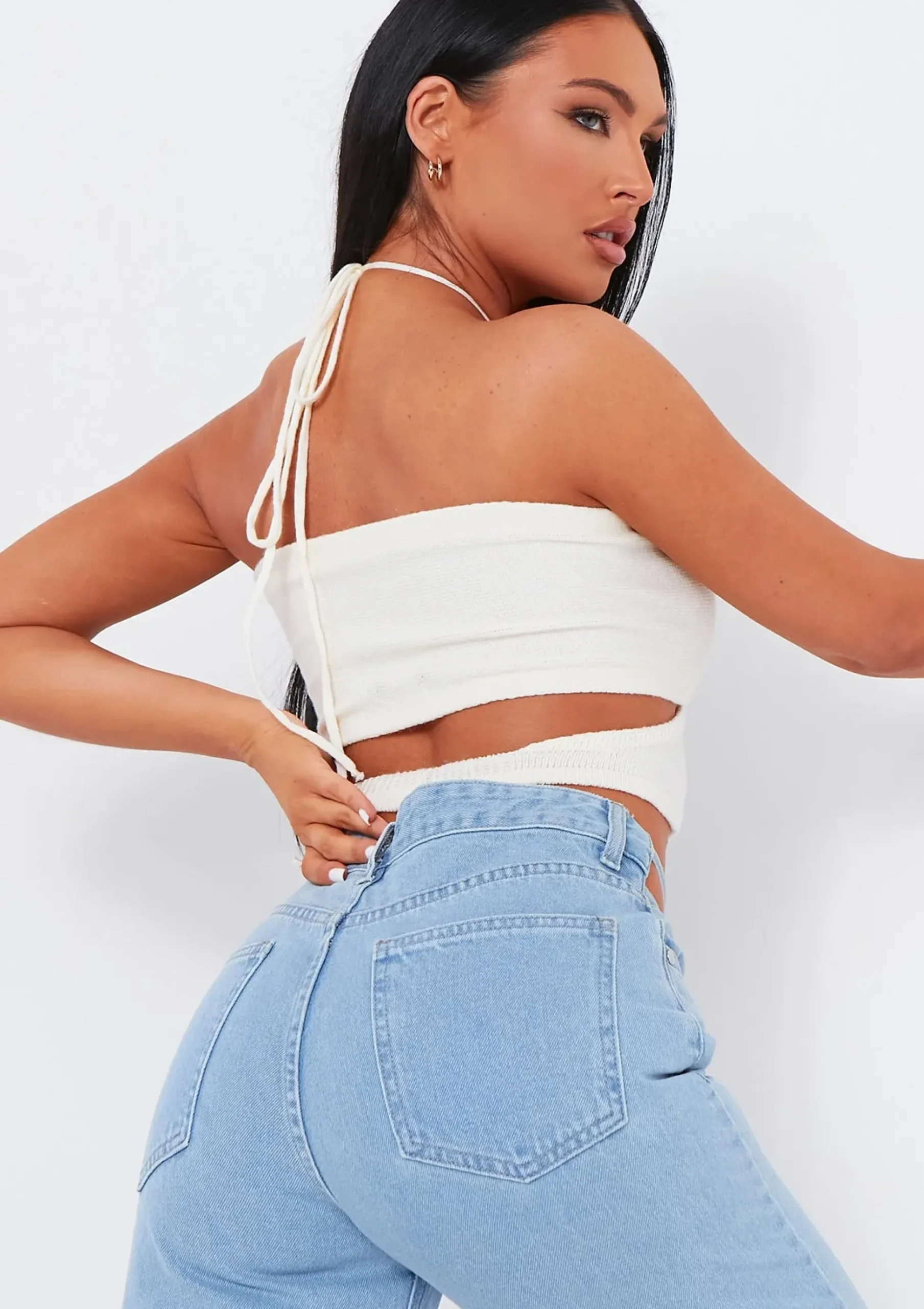 Yolanda Cream Knit Cross Over Crop Top^Missy Empire Store