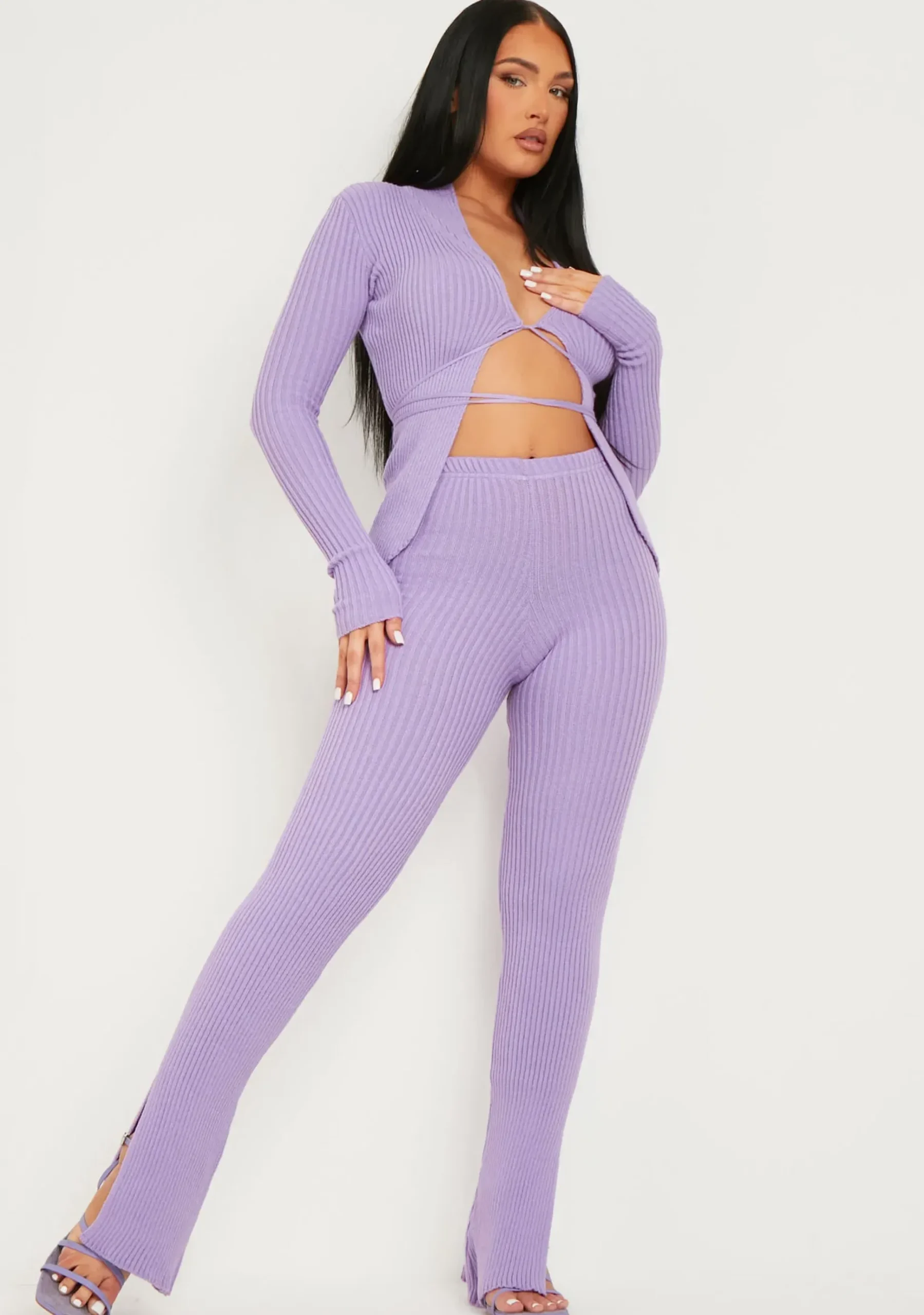 Hot Yuna Purple Ribbed Knitted Side Split Trouser Women Trousers