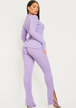 Hot Yuna Purple Ribbed Knitted Side Split Trouser Women Trousers