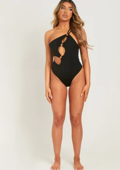 Zaralina Black Cut Out Ring Detail One Shoulder Swimsuit^Missy Empire Shop