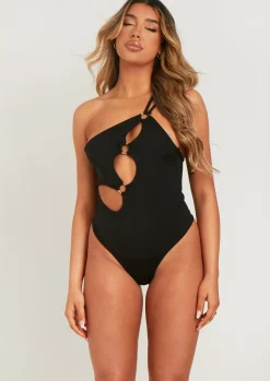 Zaralina Black Cut Out Ring Detail One Shoulder Swimsuit^Missy Empire Shop