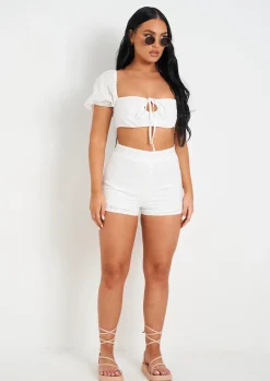 Online Zaria White Broidery Matching High Waisted Shorts Women Shorts