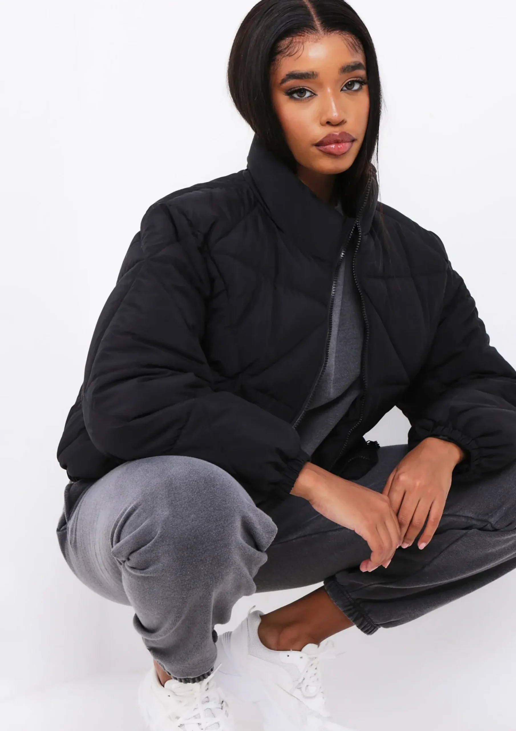 Zarina Black Diamond Quilted Logo Padded Puffer Coat^Missy Empire Outlet