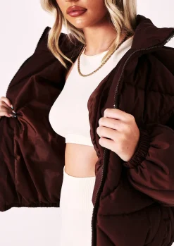 Zarina Chocolate Diamond Quilted Logo Padded Puffer Coat^Missy Empire Shop