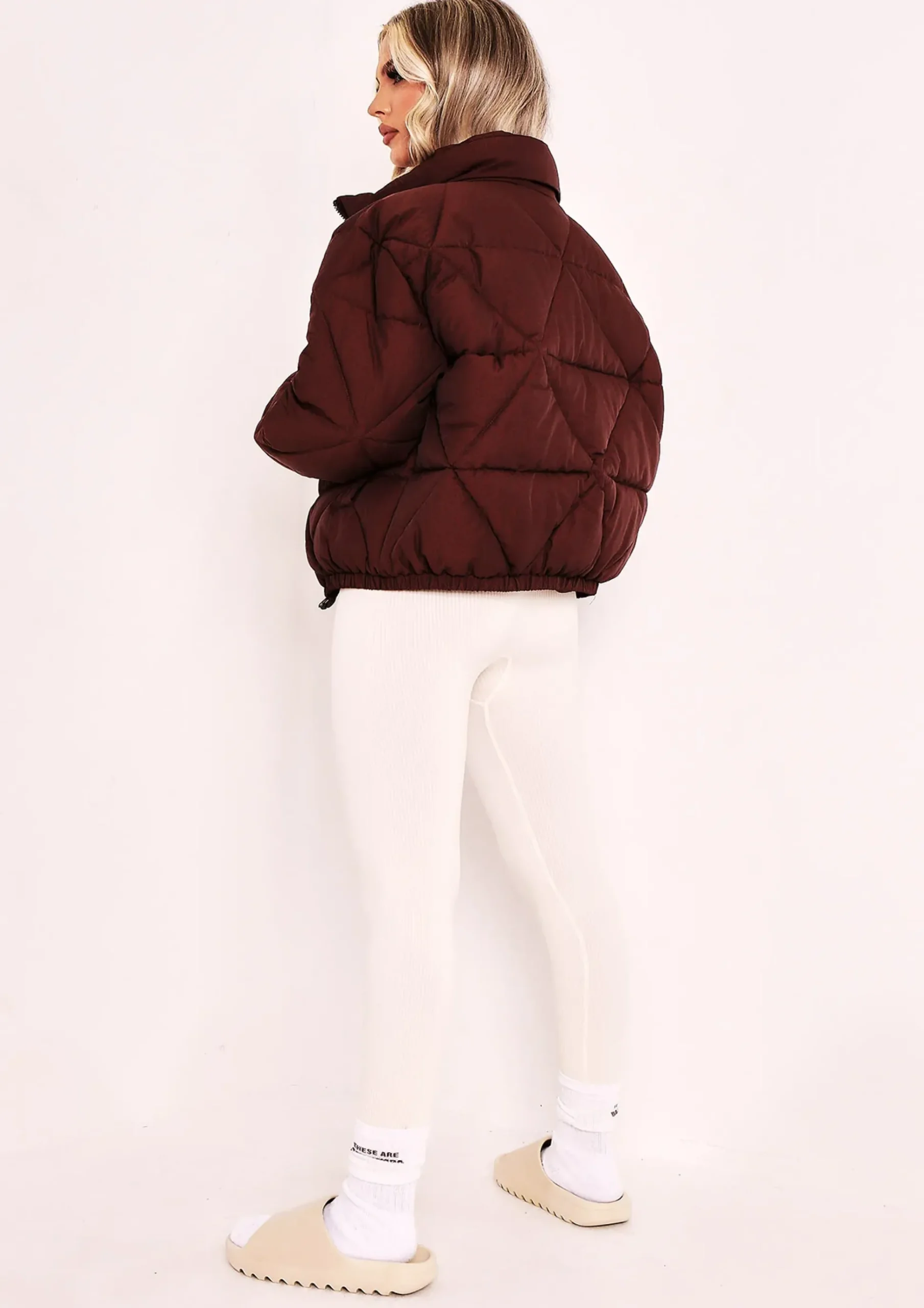 Zarina Chocolate Diamond Quilted Logo Padded Puffer Coat^Missy Empire Shop