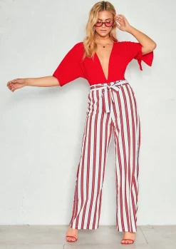 Fashion Zuri Red Stripe Belted Flare Trousers Women Trousers
