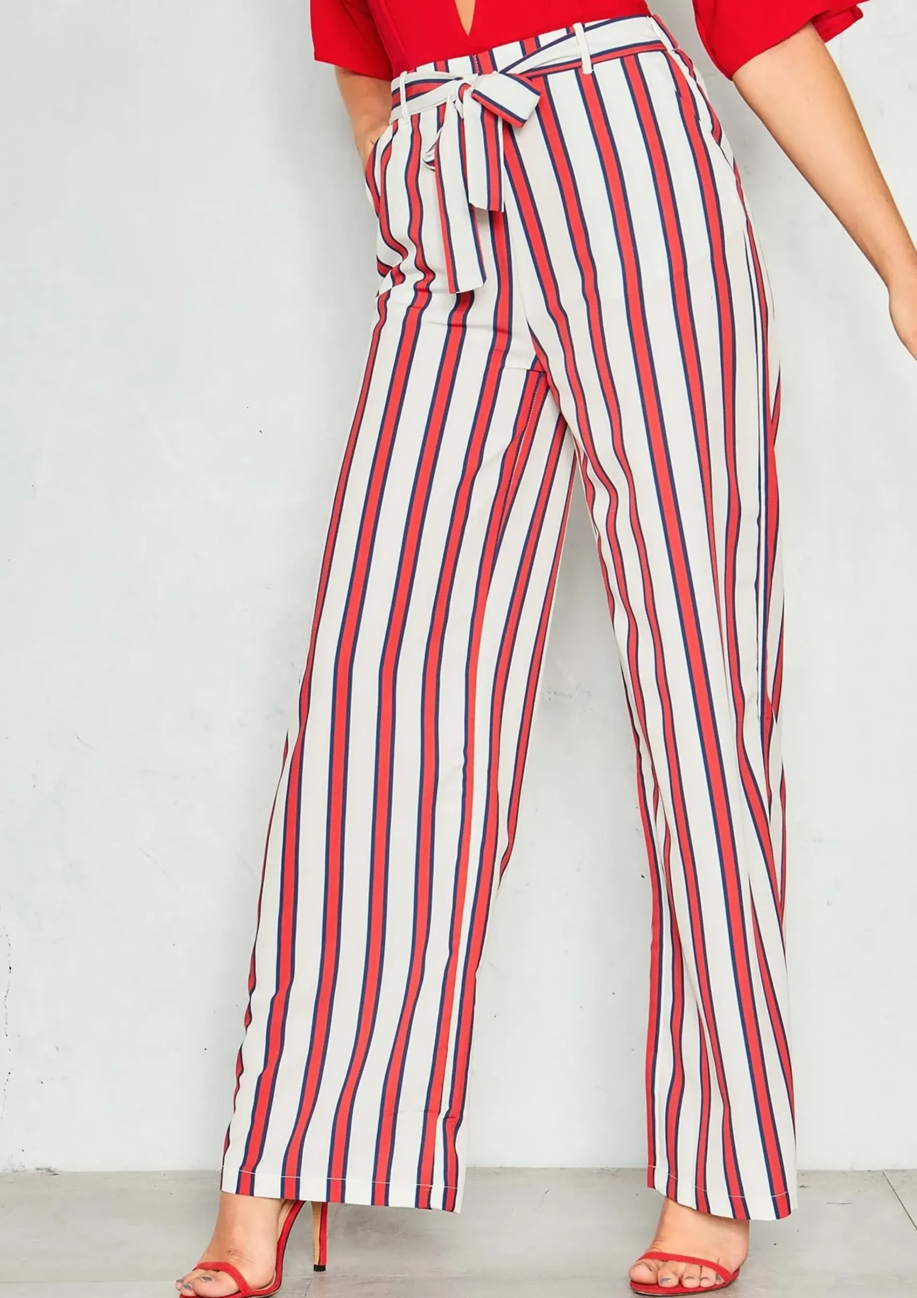 Fashion Zuri Red Stripe Belted Flare Trousers Women Trousers